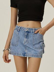 Poéselle Women's Casual Washed Denim Cargo Skirt