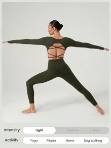 GLOWMODE Seamless Fitted Long Sleeve Crop Tee With Lace-Up Back Light Support Low Impact Yoga Pilates Daily Spring Summer - Mistle Toned - View 6