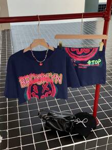 Muchica 2pcs/Set Matching Print Cropped T-Shirt And Leggings Set - Navy Blue - View 7