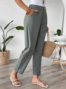 EMERY ROSE Women Solid Color Pleated Straight Leg Casual Pants - Green - View 4