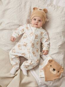 Cozy Pixies 新生女婴 4 件套：卡通熊针织柔软连帽连体衣、长裤、围兜和帽子