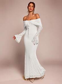 SHEIN BAE Váy Maxi đuôi cá dài tay trễ vai ren trắng thanh lịch dành cho nữ, thích hợp cho đám cưới, tiệc tùng, váy phù dâu - trắng - Xem 5