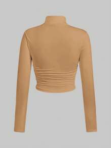 SHEIN EZwear 大码女式纯色高领长袖褶皱 T 恤