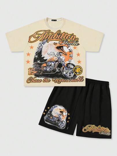 Street Life Set da uomo di maglietta con grafica a lettere e moto e pantaloncini, 2 pezzi, vestibilità ampia