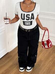 CovetEZ Plus Size Women Casual Striped Splice Color Sports Competition Letter Printed Fitted T-Shirt, Spring/Summer - Multicolor - View 4