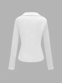 SHEIN Unity Women's Basic Solid Color Vintage Lapel Collar Waist Cinched Long Sleeve Blouse, Mermaid Style For Office/Commute, Spring/Autumn - White - View 2