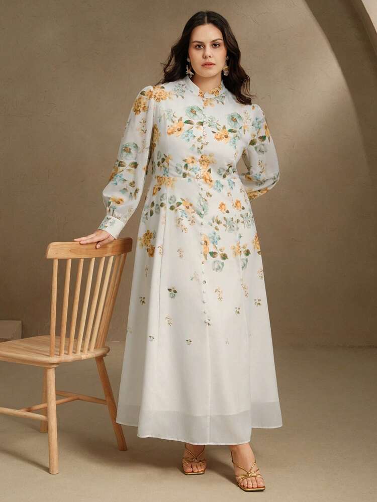 Plus Size Women Elegant Floral Print Stand Collar Fitted Long Sleeve Dress, Spring Najma Dress Curve Floral Dress Curve Spring Dress Resort Wear 2025