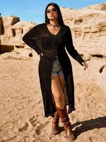 SHEIN EZwear Plus Size Flowy Long Coat For Spring And Summer - Black - View 5