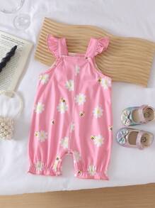 SHEIN Playful Pals Ensemble de barboteuse et short à volants pour bébé fille, style coréen d'été, imprimé floral et abeilles sur tout le vêtement