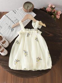 Souflis Souflis 女宝宝休闲夏季韩版可爱吊带蝴蝶结刺绣花朵编织杏色连衣裙 - 黃色 - 查看 2