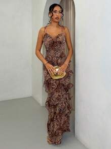 SHEIN X Scheana SHEIN BAE Sommer Strand Urlaub Leoparden Muster Rüschen Kleid, geeignet für tägliche Dating, Ausgehen, Nachtclubs, Partys, Treffen, Pool-Partys, Bekleidung für die Schulanfang, Urlaubskleid für Damen, Bekleidung für Musikfestivals, Bekleidung für Country-Musikfestivals, Konzertbekleidung