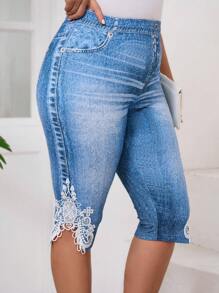 SHEIN Clasi Quần legging cạp cao ren in họa tiết denim cỡ lớn - Màu xanh lam - Xem 4