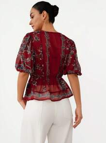 Frievida Elegant Round Neck Ditsy Floral Slim Fit Luxury Ladies Blouse - Multicolor - View 2