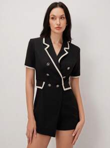 BizChic Black Notched Collar Double-Breasted Elegant Jumpsuit, Suitable For Work, Spring/Summer - Black - View 2