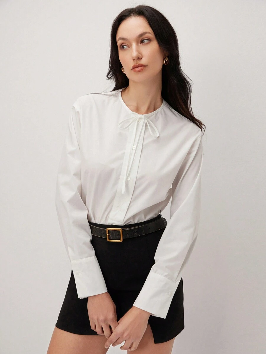 BizChic Camisa blanca con cordones para atuendo de oficina y trabajo de mujeres, temporada de primavera y verano para graduación - Blanco - Ver 1