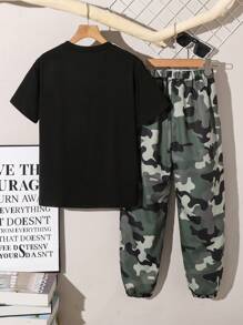 SHEIN 2pcs/Set Boys' Casual Minimalist Letter Print T-Shirt And Sports Shorts, Suitable For Spring/Summer Everyday Wear And Workout Outfits