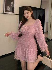 DAZY 女士紫色圆领褶皱腰灯笼袖蓬松迷你连衣裙，春夏秋季舞会礼服派对女士返校节礼服长袖连衣裙 - 淡紫色 - 查看 7