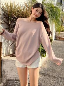 DAZY 女式超大圆领透视茧型束腰长袖沙滩 T 恤，粉色，春夏春季时尚，秋季女装