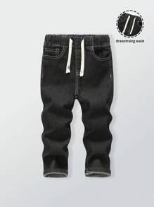 Mirajuku 年轻男孩抽绳腰部修身弹力百搭休闲日常舒适浅灰色牛仔裤 - 黑色 - 查看 4