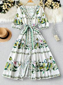 DreamSkyne Court Retro  Plus Size Women's Romantic Fruit Print Belted Short Sleeve Shirt Dress, Suitable For Dates, Gatherings, Work Commute, Daily Outings, St. Patrick's Day, Spring/Summer