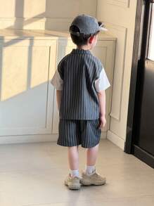 SHEIN Leap Crew 2 Packs Young Boys Boys' Casual Sports College Art Retro Japanese And Korean Loose-Fitting Striped 2 In 1 T-Shirt And Shorts Set Suitable For Kids Outfits Young Boy Clothes Back To School Boys Set Suitable For Birthday Parties, Evening Parties, Performances, Weddings, Baptisms, Opening Ceremonies, Daily Suitable For Daily Use Suitable For School Suitable For Travel Suitable For Sports Suitable For Spring And Summer Seasons - Black - View 7