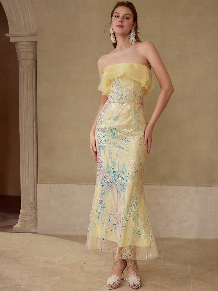 SEQUIN CONTRAST MESH DRESS