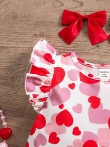 SHEIN Baby Girl Summer Cute Casual Knit Stretch Heart Print Cap Sleeve Dress