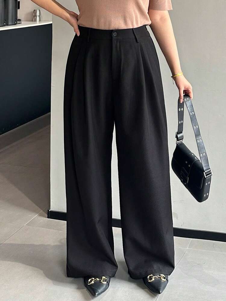 Dazy Petite Plus Plus Size Solid Color Straight Leg Loose Casual Suit Pants, Black, Business Casual Wear, All Seasons, Women Dress Pants Fall/Winter