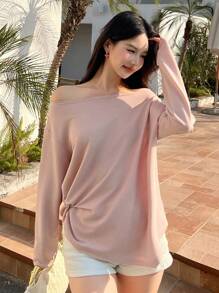 DAZY 女式超大圆领透视茧型束腰长袖沙滩 T 恤，粉色，春夏春季时尚，秋季女装