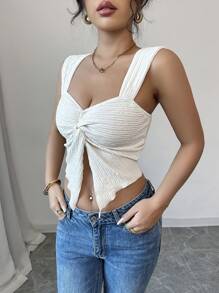 Chiquease Top ajustado de mujer con textura de punto y detalle retorcido en la parte delantera, para primavera/verano - Albaricoque - Ver 4