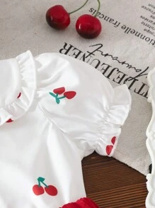 SHEIN Vintaside Kids Baby Girls Embroidered Strawberry Collar Ruffle Short Sleeve Shirt And Red Pleated Skirt Set, Casual Korean Style, Summer - Multicolor - View 3