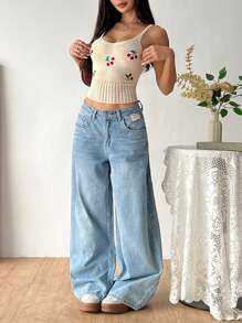 Lunelith SHEIN Lunessa Top sin mangas de punto en color albaricoque con bordado de cerezas hueco y cuello en V, de estilo minimalista y elegante, para verano