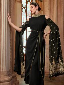 Al Najma Damen elegantes Kleid im Arabierstil mit Folienprint Patchwork und Schulterbändern - Schwarz - Übersicht 1