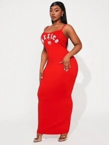 SHEIN SXY Plus Size Women Spring/Summer Mexico Slogan Print Snug Slip Dress, Casual & Sporty Style, Suitable For Date Night, Birthday, Bachelorette Party, Cute, Ibiza,Nashville,Rave,Modest,Chic,Casual, Shopping, Streetwear, Going Out, Easy To Match & Looks Slim, Accent Your Body, Flatter The Figure - Red - View 3
