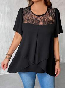 EMERY ROSE Blusa de verano de talla grande para mujer con mangas cortas, ajuste regular, de gasa de unicolor con encaje de contraste y bajo acampanado
