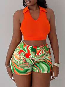 Slaydiva 2pcs/Set Casual V-Neck Sleeveless Crop Top & Bodycon Contrast Color Ribbed Shorts Set, Plus Size Women,Holiday Outfits - Multicolor - View 3