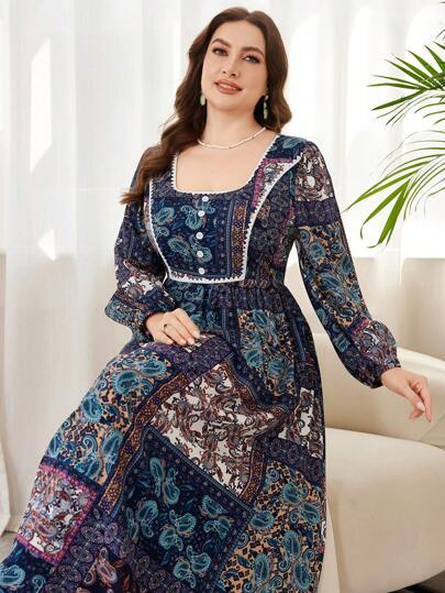 Lacomfia Women Plus Size Spring & Autumn Long Sleeve Multi-Element Print Square Neck Waist-Cinched Slim Dress Fall Cloth For Women