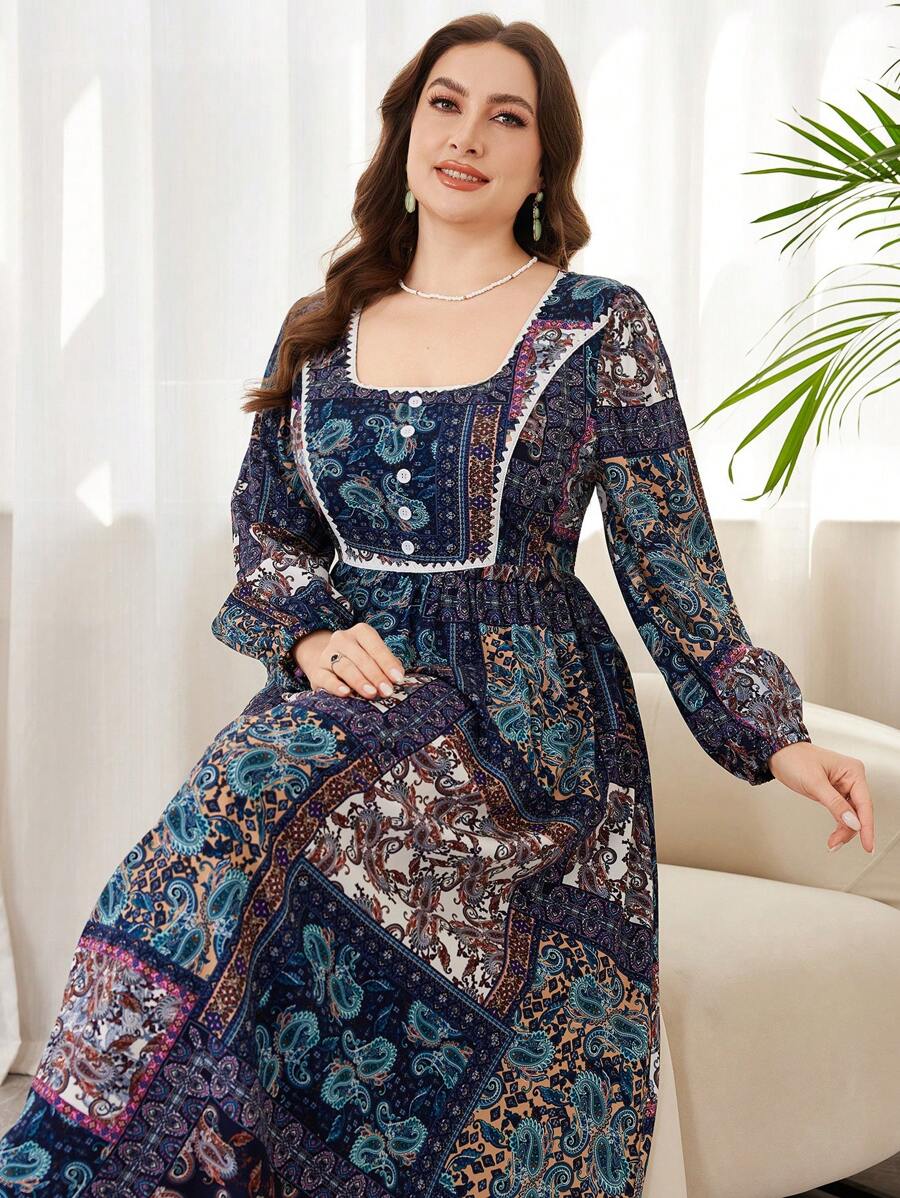 Lacomfia Women Plus Size Spring & Autumn Long Sleeve Multi-Element Print Square Neck Waist-Cinched Slim Dress Fall Cloth For Women - Multicolor - View 1