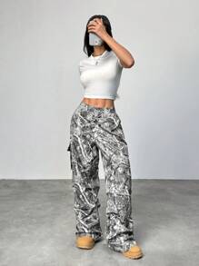Coolane 女式春夏复古街头嘻哈迷彩运动阔腿贝吉树图案长裤 - 黑與白 - 查看 6