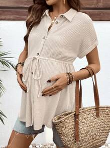 SHEIN Pregnant Women's Solid Color Bat Sleeve Tie-Waist Nursing Shirt