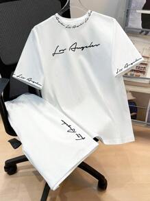 SHEIN 2 piezas Camiseta de manga corta con cuello redondo y estampado de letras sencillo, y pantalones cortos, informal para adolescentes, adecuado para usar en primavera y verano; ropa de adolescente; chaquetas para adolescentes, vuelta al cole en primavera