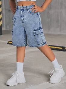 SHEIN Pantaloncini di jeans cargo ampi a vita alta con tasche a patta per ragazze pre-adolescenti, stile Y2K, abbigliamento primavera/estate per ragazze per il ritorno a scuola, versatili, casual, boho, per festival, uscite in spiaggia, cerimonie di laurea