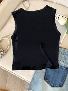 Chiquease Áo ba lỗ thun đen bó sát không tay họa tiết hoa 3D gợi cảm, thanh lịch, lãng mạn, phù hợp với mọi hoạt động hàng ngày cho nữ - màu đen - Xem 2