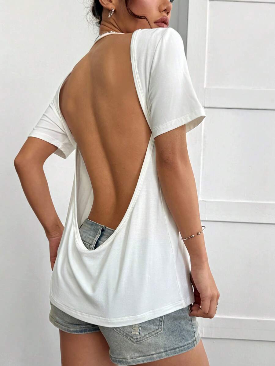 Comfortcana 女士白色露背短袖宽松休闲 T 恤