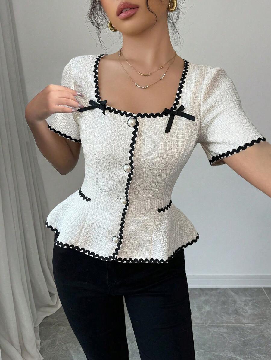 Elenzga Women Square Collar A-Line Bowknot Frill Short Sleeve Blouse, Spring/Summer - Apricot - View 1