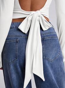 SHEIN BAE Women's Solid Color Date Night/Bachelor Party/Cocktail Party/Back To School Season/Concert/Rave Party/Fashion High Street Outing/Sexy Backless Bowknot Simple Pleated T-Shirt/Concert Women/Sexy Top - White - View 4