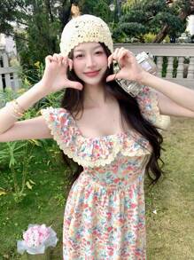 DAZY 女士蕾丝边饰短袖中长连衣裙，夏季，适合情人节、花卉图案、挤奶女工装、荷叶边度假装、复活节波西米亚风长裙 - 粉色 - 查看 5