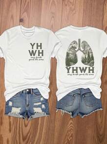 Calvaya Camiseta gráfica de manga corta de cuello redondo con el texto "YHWH Lungs Christian, Delante y Detrás, Cada respiración pronuncia Su nombre, Nombre de Dios" para mujer de talla grande - Blanco - Ver 1