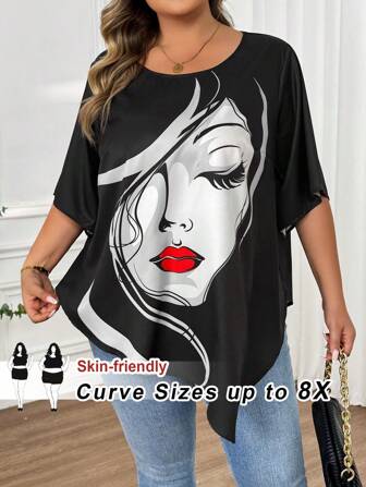 SHEIN CURVE+ Lässiges minimalistisches Vintage Abstrakt Gesicht Muster Große Größen T-Shirt, geeignet für den Sommer, arabischer Stil