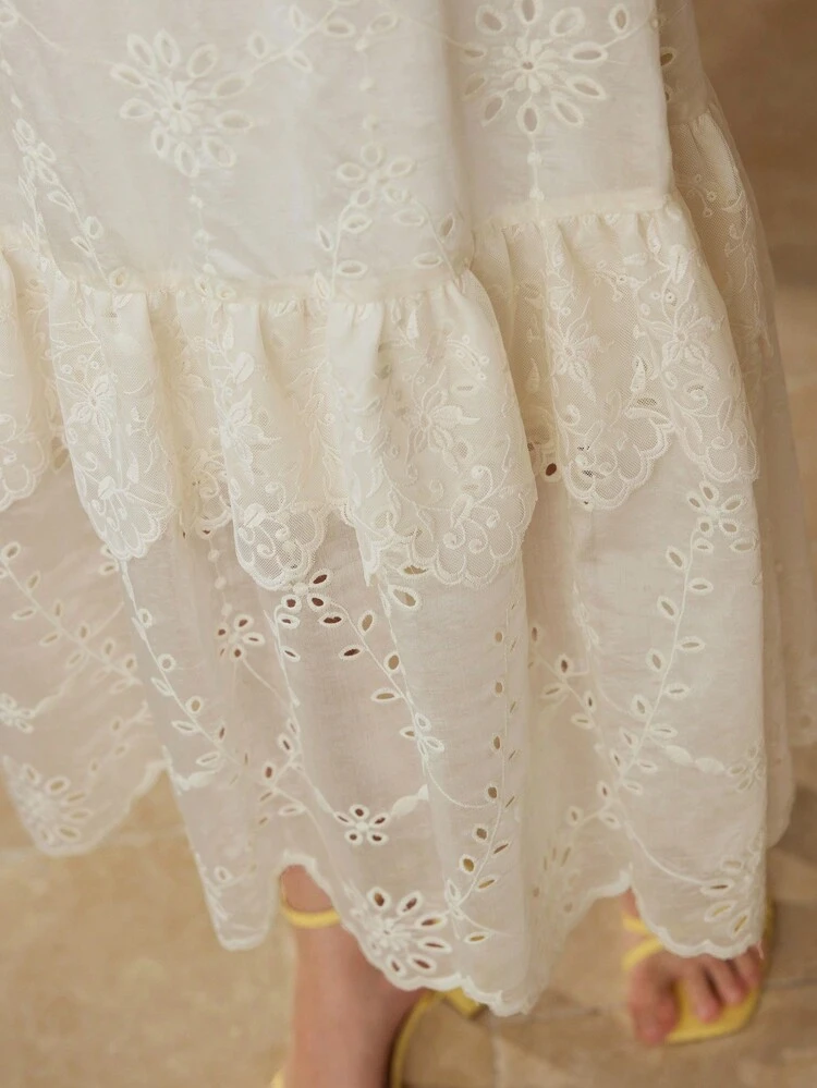 FLORAL EMBROIDERY RUFFLE TRIM DRESS